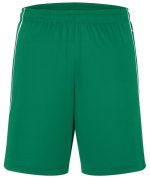 Green sports shorts with a loose fit and contrasting side stripes. Features a logo on one side.