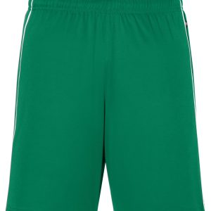 Green sports shorts with a loose fit and contrasting side stripes. Features a logo on one side.