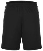 Black sports shorts featuring two side stripes and an elastic waistband, with a brand logo on the front.