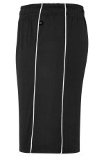 A black pair of sports shorts with white piping and an elastic waistband. It features a logo on the waistband.