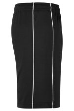 Black sports shorts featuring white side stripes and an elastic waistband, with a logo on the waistband.