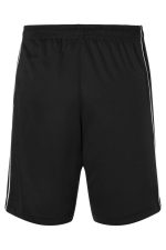 Black sports shorts with an elastic waistband and side stripes. Includes a logo on the front.