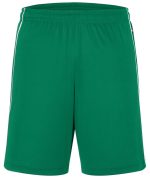 Green sports shorts featuring an elastic waistband and side stripes. Includes a logo on the front.