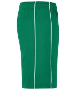 Green sports shorts featuring white side stripes and an elastic waistband, with a logo on the front.
