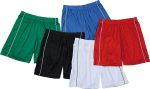 A collection of Basic Team Shorts in green, black, blue, red, and white with contrasting trim and logos.