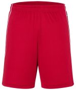Red sports shorts with an elastic waistband and a logo on the side. Ideal for team wear or casual sports activities.