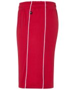 Red sports shorts with white piping, featuring an elastic waistband and a logo.