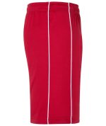 Red sports shorts featuring white piping along the sides and an elastic waistband. Includes a logo.