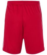 Red sports shorts with a stretchy waistband and white side stripes. The shorts feature a logo on one side.