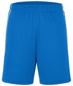 Bright blue sports shorts with an elastic waistband and contrasting stripes on the sides, featuring a logo.