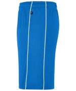 A pair of blue sports shorts featuring white piping and an elastic waistband, with a small logo.