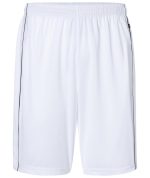A pair of white sports shorts with a black outline and an elastic waistband. Features a logo on the side.