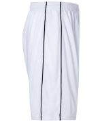 White sports shorts with black side stripes and an elastic waistband. Features a logo.