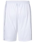 White sports shorts featuring a black side stripe and an elastic waistband, designed for team activities.
