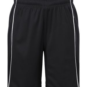 Black sports shorts with white side stripes and an elastic waistband. Features a small logo.