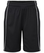 Black sports shorts with white trim and an elastic waistband, featuring a logo on the side.