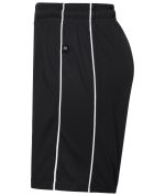 Black sports shorts with white accents and an elastic waistband, featuring a small logo. Ideal for activewear.