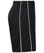 Black sports shorts with white stripes, featuring an elastic waistband and a logo. Ideal for active wear.