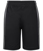 Sports shorts in black with white stripes on the sides, featuring an elastic waistband and a simple design.
