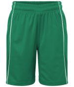 Green sports shorts with white piping and an elastic waistband, featuring a logo on the side.