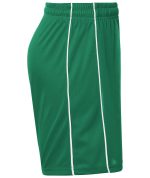 Green sports shorts with white stripes, featuring an elastic waistband and a logo. Suitable for athletic activities.