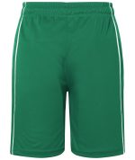 Green sports shorts with white side stripes and an elastic waistband, featuring a logo on the front.