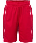 Red sports shorts with an elastic waistband and white trim, featuring a logo on one side.