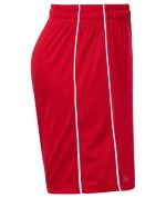 Red sports shorts with white stripes and an elastic waistband, featuring a logo. Suitable for junior athletes.