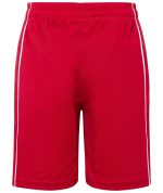 Red sports shorts featuring white side stripes and an elastic waistband. Includes a logo.
