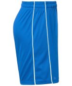 Blue sports shorts featuring white side stripes and an elastic waistband. Suitable for junior sizes.