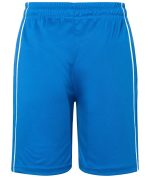 Bright blue sports shorts with white side stripes and an elastic waistband. Features a logo at the front.