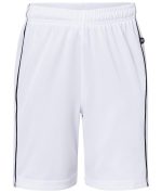 A pair of white sports shorts with black side stripes and a small logo. Suitable for junior sizes.