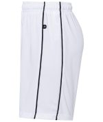White sports shorts with black side stripes and an elastic waistband, featuring a logo on the front.