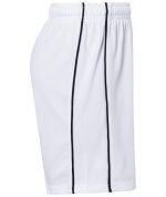 Sport shorts in white, featuring black side stripes and an elastic waistband. Includes a logo.