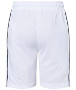 White sports shorts featuring black side stripes and an elastic waistband. Includes a logo on the back.