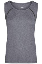 A grey ladies sports tank top with a fitted design and a logo on the front.