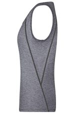 A grey ladies sports tank top with a sleeveless design and subtle detailing. It features a logo.