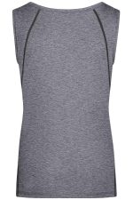 A grey ladies sports tank top with a sleek design and contrast stitching, featuring a logo on the back.