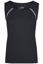 A black ladies sports tank top featuring a sleeveless design and contrasting stitching. It includes a logo.