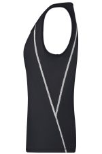 A black ladies sports tank top with grey accents and a sleek, fitted design. It features a logo on the garment.