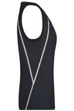 A black ladies sports tank top featuring a sleek design with decorative white lines and a logo.