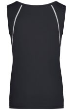 A black ladies sports tank top featuring contrasting seams and a sleek, fitted design. It has a logo on the back.