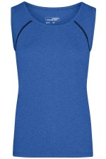 A blue sleeveless ladies sports tank top featuring contrasting detailing and a logo.