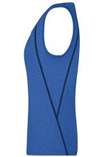 A blue ladies sports tank top with a sleek design and contrasting lines, featuring a logo on the front.