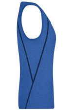 A blue ladies sports tank top featuring a stylish design and a logo on the side. Ideal for sports uniforms.