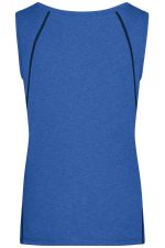 A blue ladies sports tank top with a simple design and a logo on the back.