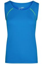 A blue ladies sports tank top featuring green detailing and a logo on the upper part.