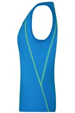 A blue ladies sports tank top featuring a green design element and a logo on the chest.