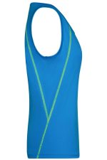 A blue ladies sports tank top with a green accent design and a sleeveless style. It features a logo on the fabric.