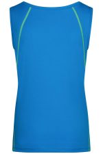 A blue ladies sports tank top with green detailing, featuring a back view and no sleeves.